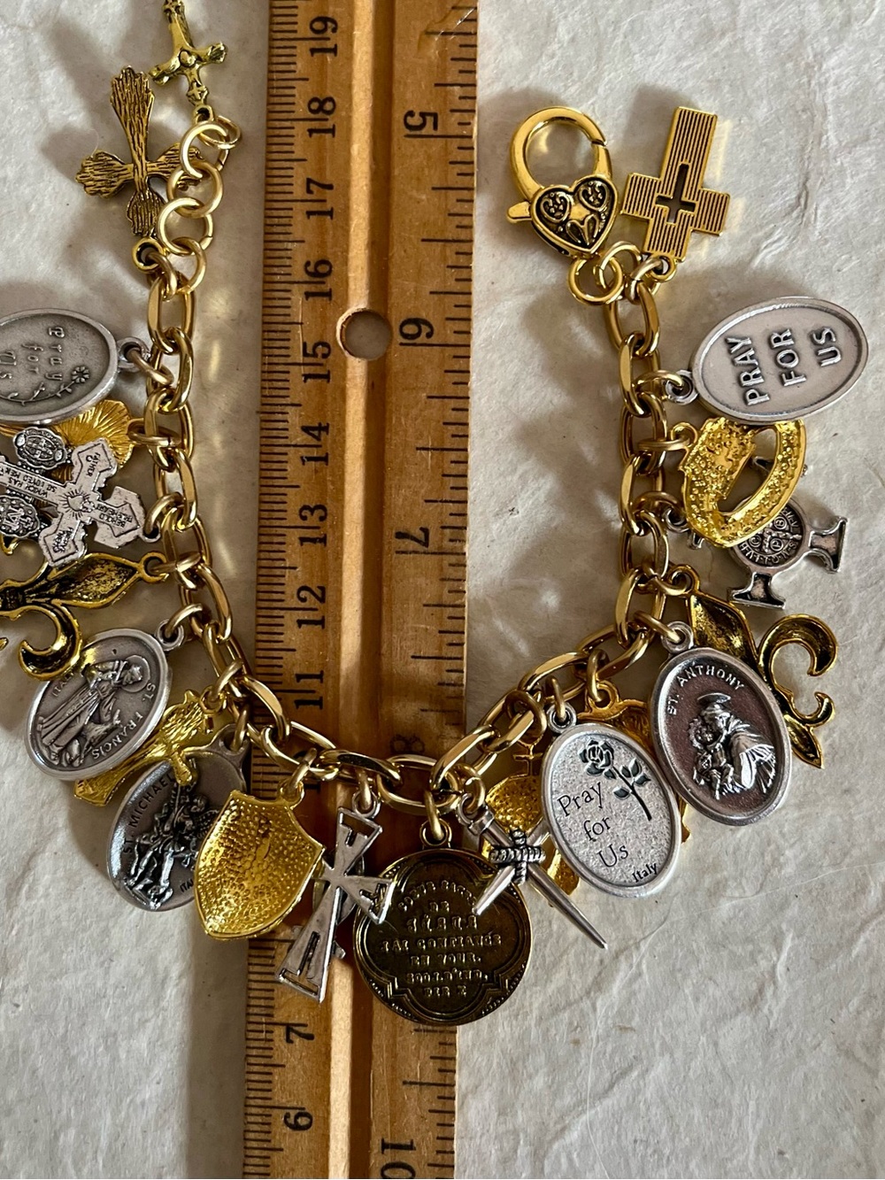 Armor of God Charm Bracelet w Crosses and Sacred Heart Coin, Medals - Picture 7 of 9
